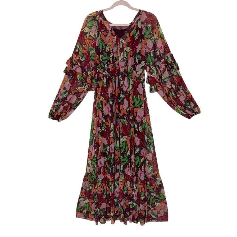 Jump Apparel Burgundy Floral Ruffled Slv Tiered Maxi Dress Sz M Boho